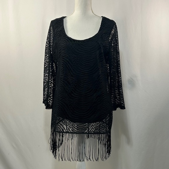 Melissa Paige Tops - Melissa Paige Black Crochet Fringe Tunic Top Cover Up‎ Long Sleeve Women's L